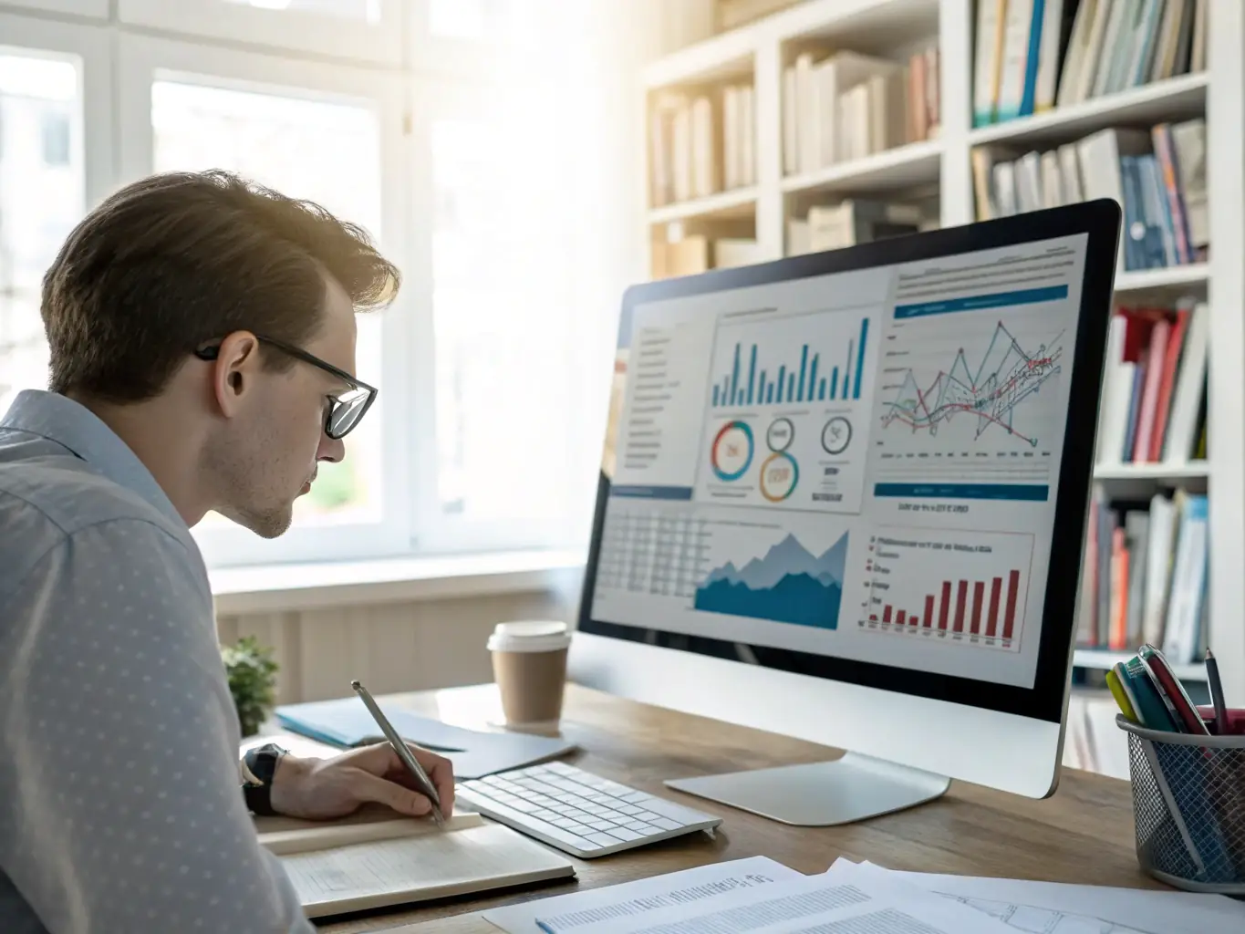 A researcher analyzing data charts and graphs on a computer screen, representing market research services.