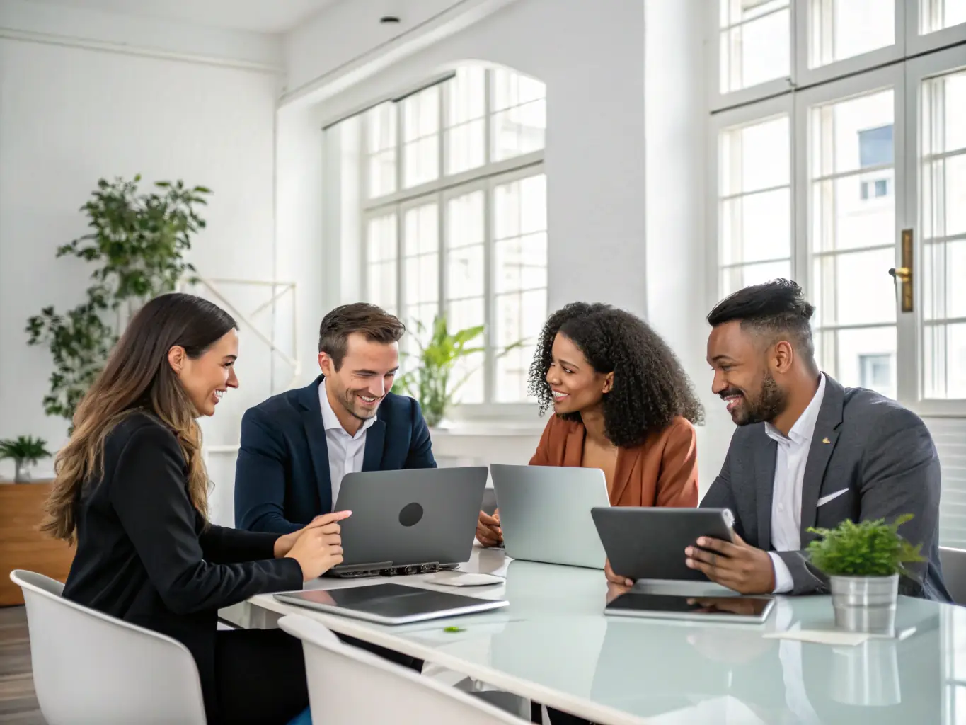 An image of a professional team discussing strategies around a conference table, symbolizing business consulting services.
