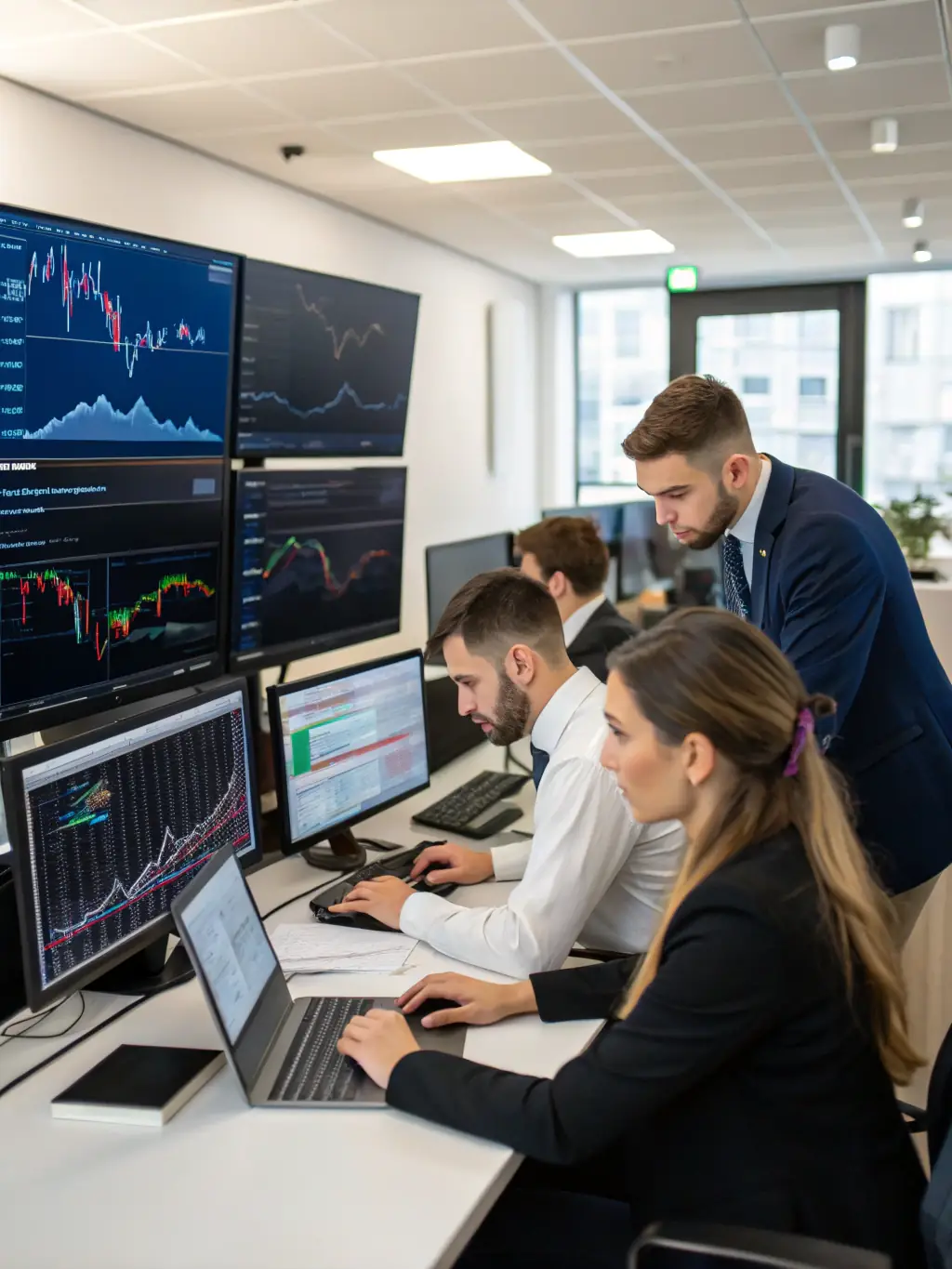 A detailed graph showing market trends and analysis, with analysts in the background discussing insights, representing JY America LLC's market research capabilities.