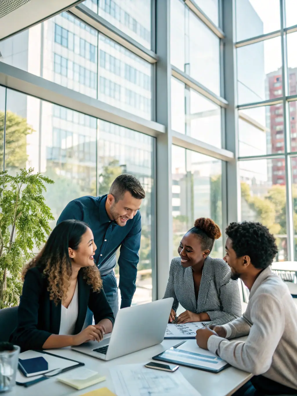 A diverse team collaborating on a project in a modern office, brainstorming and strategizing, reflecting JY America LLC's collaborative approach to problem-solving.
